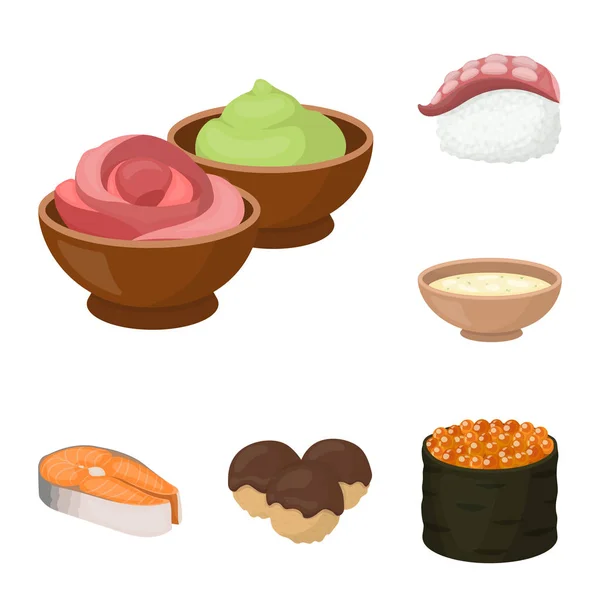 Sushi und Würze Cartoon-Ikonen in Set-Kollektion für Design. Meeresfrüchte Lebensmittel, Zubehör Vektor Symbol Stock Web-Illustration. — Stockvektor