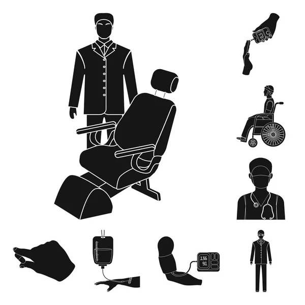 Iconos negros de la medicina y del tratamiento en la colección del sistema para el diseño.Ilustración de la tela del símbolo del vector del hospital y del equipo . — Vector de stock