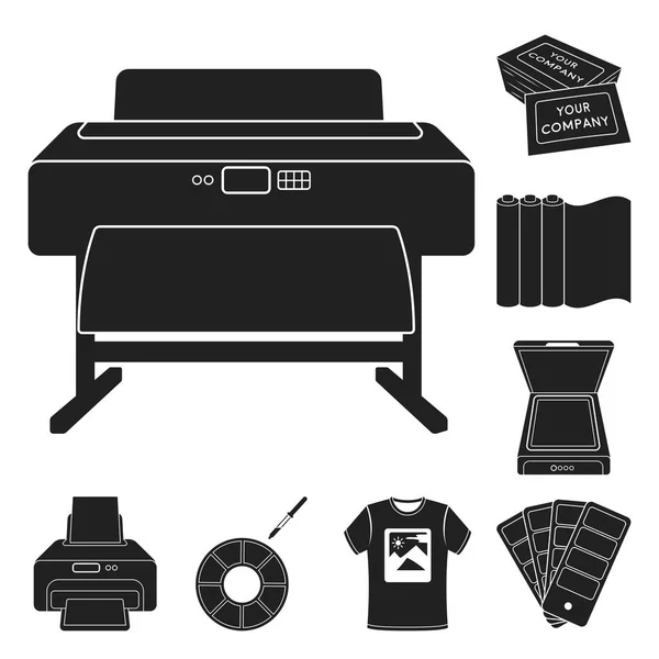 Τυπογραφικά προϊόντα μαύρο εικονίδια στη συλλογή σετ για σχεδιασμό. Εκτύπωση και εξοπλισμός σύμβολο μετοχής web εικονογράφηση διάνυσμα. — Διανυσματικό Αρχείο
