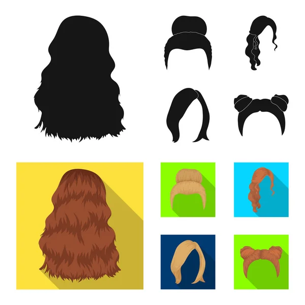 Rubio con un manojo, rojo ondulado y otros tipos de cabello. Conjunto de pelo trasero colección iconos en negro, estilo plano vector símbolo stock ilustración web . — Vector de stock