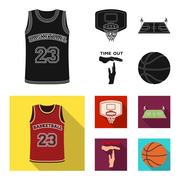 Baloncesto y atributos negro, iconos planos en la colección de conjuntos para el diseño.Jugador de baloncesto y equipo vector símbolo stock web ilustración . — Archivo Imágenes Vectoriales