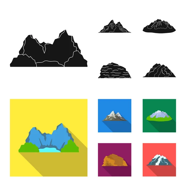 Горы в пустыне, снежная вершина, остров с ледником, заснеженная гора. Различные горы устанавливают иконки коллекции в черном, плоском стиле векторные символы фондового иллюстрации веб . — стоковый вектор