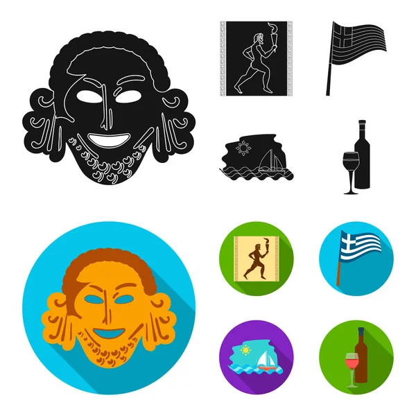 Grecia, running, wine, flag .Greece set icone di raccolta in nero, stile piatto vettore simbolo stock illustrazione web . — Vettoriale Stock