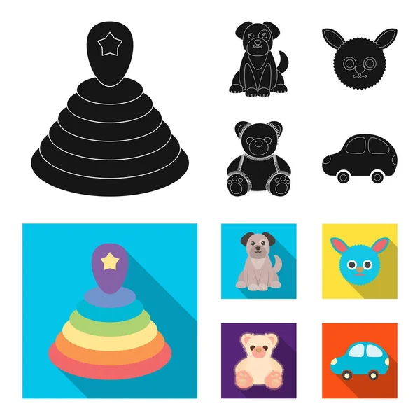 Anak-anak mainan hitam, ikon datar dalam koleksi set untuk desain. Gamedanbauble vektor simbol gambar web stok . - Stok Vektor