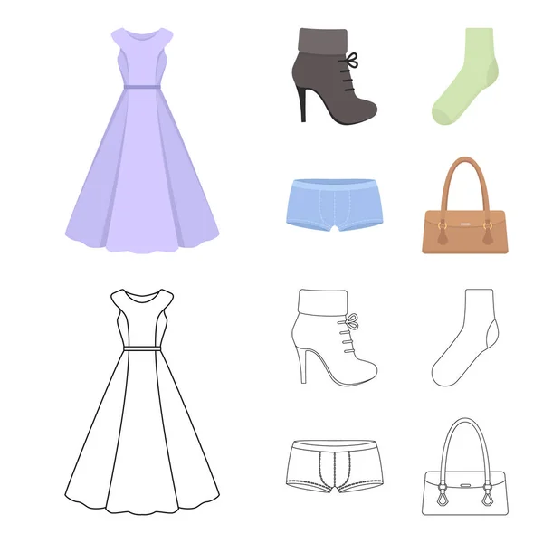Γυναικείες μπότες, κάλτσες, σορτς, κυρίες τσάντα. Ρούχα που συλλογή εικονιδίων στο σκίτσο, περίγραμμα στυλ διάνυσμα σύμβολο μετοχής εικονογράφηση web. — Διανυσματικό Αρχείο