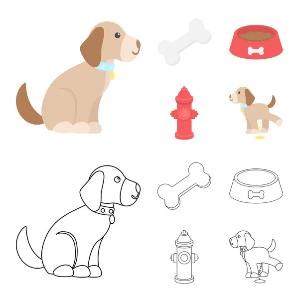 一根骨头, 一个消防栓, 一碗食物, 一只小便狗。狗集合图标在卡通, 轮廓风格矢量符号股票插画网站. — 图库矢量图片