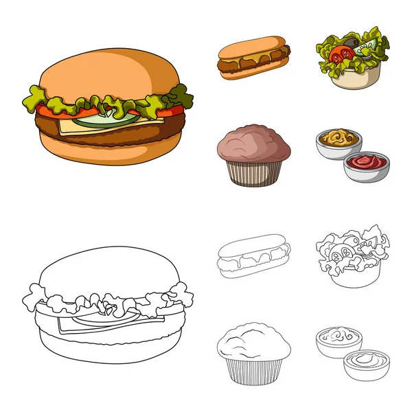 Makanan, istirahat, minuman, dan ikon web lainnya dalam kartun, garis besar style.Cake, biskuit, krim, ikon dalam koleksi set . - Stok Vektor