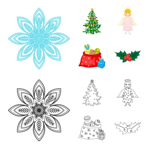 Χριστουγεννιάτικο δέντρο, Άγγελος, δώρα και holly γελοιογραφία, περίγραμμα εικονίδια στη συλλογή σετ για σχεδιασμό. Χριστούγεννα διάνυσμα σύμβολο μετοχής web εικονογράφηση. — Διανυσματικό Αρχείο