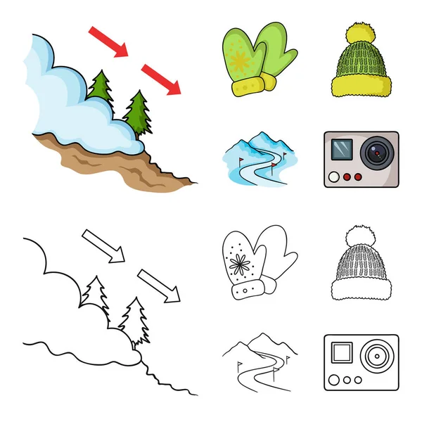 Mittens, warm hat, ski piste, motion camera. Ski resort set collection icons in cartoon,outline style vector symbol stock illustration web. — Stock Vector