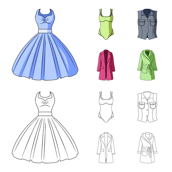 Γυναικεία ρούχα γελοιογραφία, περίγραμμα εικονίδια στη συλλογή σετ για σχεδιασμό. Ποικιλίες ρούχα και αξεσουάρ σύμβολο μετοχής web εικονογράφηση διάνυσμα. — Διανυσματικό Αρχείο