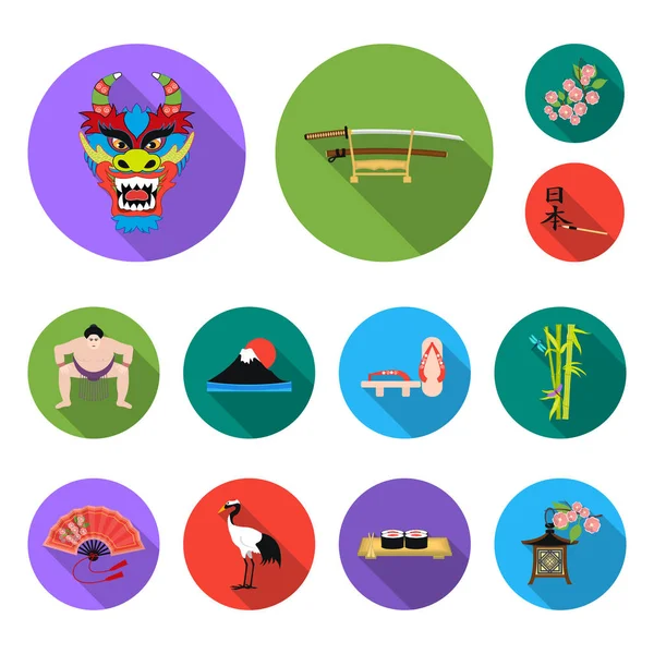 Ülke Japonya set koleksiyonu tasarım için düz simgeler. Japonya ve dönüm noktası sembol stok web illüstrasyon vektör.