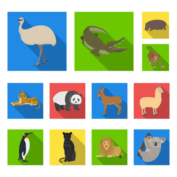 Diferentes animais ícones planos na coleção de conjuntos para design. ilustração da teia do estoque do símbolo do vetor do pássaro, do predador e do herbívoro . — Vetor de Stock