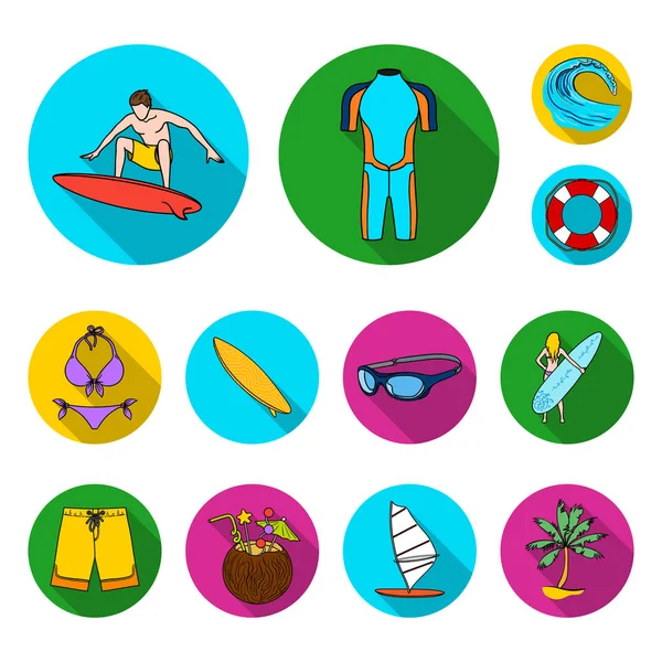 Surfing and extreme flat icons in set collection for design. Surfer and accessories vector symbol stock web illustration. — Stock Vector