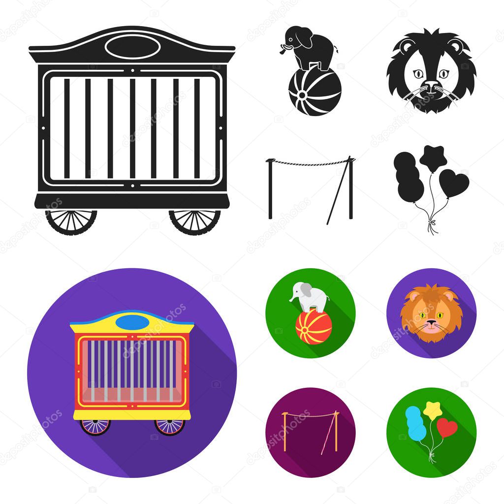 Elephant on the ball, circus lion, crossbeam, balls.Circus set collection icons in black,flat style vector symbol stock illustration web.