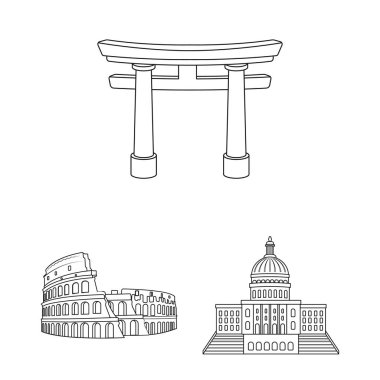 Farklı ülkelerin sights set koleksiyonu tasarım için simgeleri anahat. Ünlü bina sembol stok web illüstrasyon vektör.