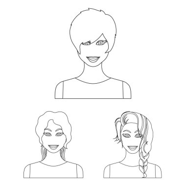 Kadın saç modelleri türleri set koleksiyonu tasarım için simgeleri anahat. Bir kadın vektör simge stok web illüstrasyon görünümünü.