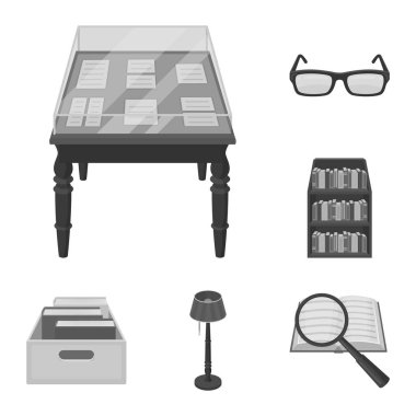 Kütüphane ve kitap tek renkli simgeler set koleksiyonu tasarım için. Kitap ve mobilyalar sembol stok web illüstrasyon vektör.