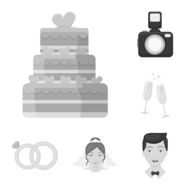 Düğün ve öznitelikler tek renkli simgeler set koleksiyonu tasarım için. Sembol stok web illüstrasyon vektör yeni evliler ve aksesuarları.