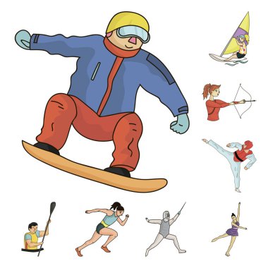 Spor çeşitleri set koleksiyonu tasarım için simgeleri karikatür. Atlet, yarışmalar sembol stok web illüstrasyon vektör.