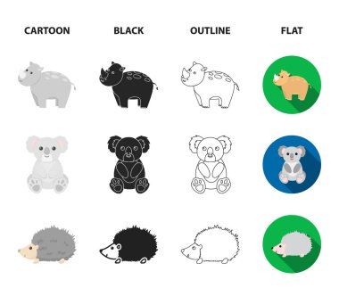Gergedan, koala, Panter, kirpi. Hayvan koleksiyonu Icons set çizgi film, siyah, anahat, düz stil vektör simge stok çizim web.