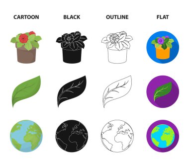 Bir işleme tesisi bir pot, yeşil bir yaprak, bir gezegen Earth.Bio ve ekoloji çiçek koleksiyonu Icons set çizgi film, siyah, anahat, düz stil vektör simge stok çizim web.