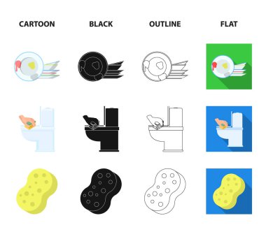 Temizlik ve hizmetçi çizgi film, siyah, anahat, set koleksiyonu tasarım için düz simgeler. Vektör simge stok web illüstrasyon Temizleme için donatım.