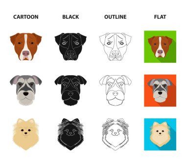 Farklı doğurmak-in köpek ağızlık. Köpek doğurmak Stafford, Spitz, Risenschnauzer, Alman çoban köpeği ayarlamak toplama simgeler çizgi film, siyah, anahat, düz stil vektör simge stok çizim web.