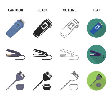 Trim, saç boyama, tarak, saç ucuna ulaştığınızda düzleştiriciyi. Kuaför koleksiyonu Icons set çizgi film, siyah, anahat, düz stil vektör simge stok çizim web.