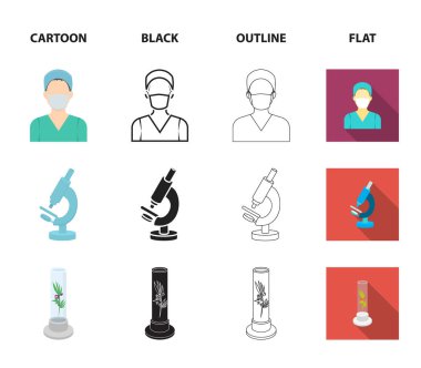 Tüp bebek bitki, Hemşire, mikroskop, tonometer. Tıp koleksiyonu Icons set çizgi film, siyah, anahat, düz stil vektör simge stok çizim web.