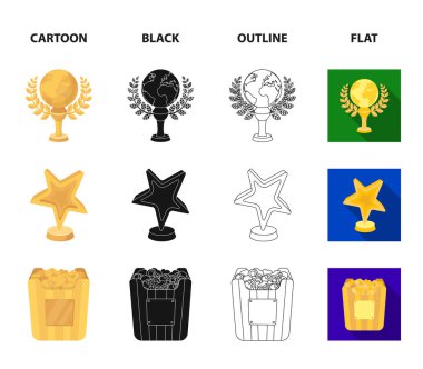 Bir yıldız, bir altın küre ve diğer ödüller şeklinde bir altın ödülü. Film Ödülleri koleksiyonu Icons set çizgi film, siyah, anahat, düz stil vektör simge stok çizim web.