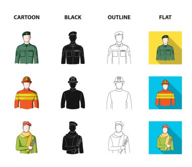 Askeri, itfaiyeci, sanatçı, polis. Meslek koleksiyonu Icons set çizgi film, siyah, anahat, düz stil vektör simge stok çizim web.