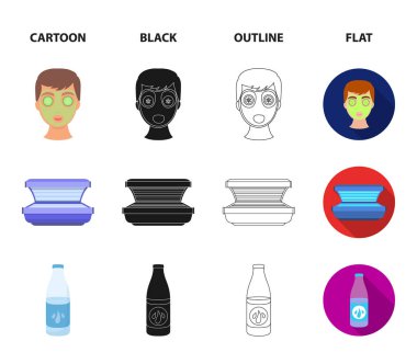 Yüz maskesi, Solaryum, şişe ts lasenom, yüzünde sivilce. Çizgi film, siyah, anahat, düz stil vektör simge stok çizim web cilt bakım küme koleksiyon simgeler.