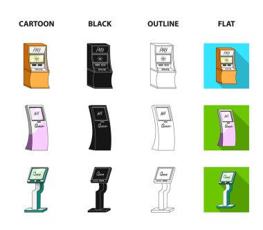 Tıbbi terminal, Atm cihazları, sıra için ödeme için. Terminalleri koleksiyonu Icons set çizgi film, siyah, anahat, düz stil izometrik vektör simge stok çizim web .