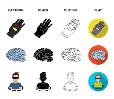 Teknoloji, yenilik, adam, tamamlanmaktadır. Sanal gerçeklik koleksiyonu Icons set çizgi film, siyah, anahat, düz stil vektör simge stok çizim web.