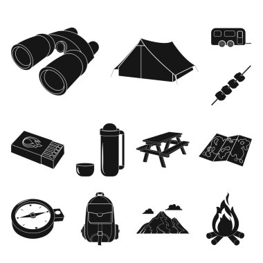 Siyah kamp Icons set koleksiyonu tasarım için bekletin. Kamp ve ekipman sembol stok web illüstrasyon vektör.