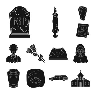 Set koleksiyonu tasarım için cenaze töreni siyah simgeler. Cenaze törenleri ve öznitelikleri sembol stok web illüstrasyon vektör.