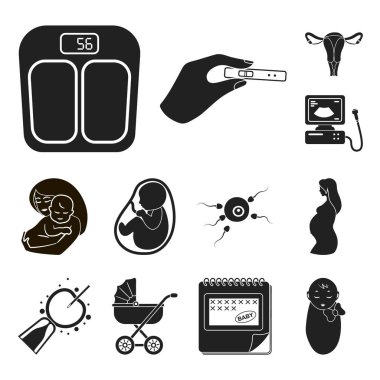 Set koleksiyonu tasarım için simgeler siyah kadın ve gebelik. Kadın hastalıkları ve ekipman sembol stok web illüstrasyon vektör.