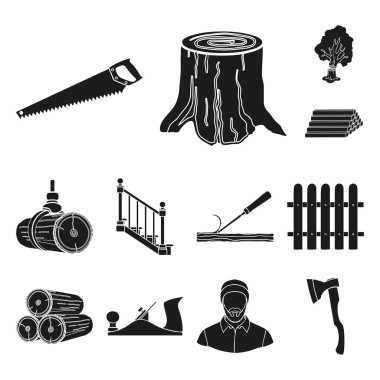 Kereste ve ahşap set koleksiyonu tasarım için simgeler siyah. Donanım ve araçlar sembol stok web illüstrasyon vektör.