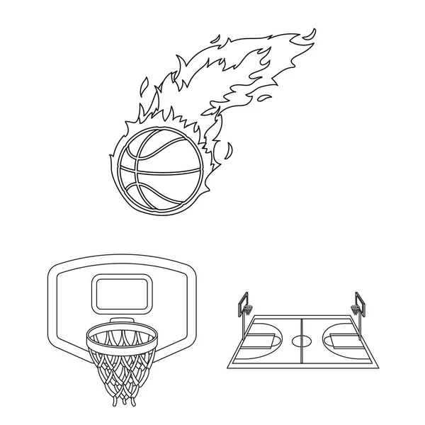 Baloncesto y atributos esbozan iconos en la colección de conjuntos para el diseño.Jugador de baloncesto y equipo vector símbolo stock web ilustración . — Vector de stock