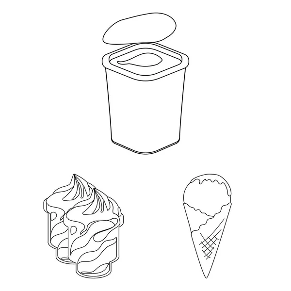 Iconos del esquema del producto de leche en la colección del sistema para la ilustración de la tela del símbolo del vector de la leche y del alimento del diseño. . — Vector de stock