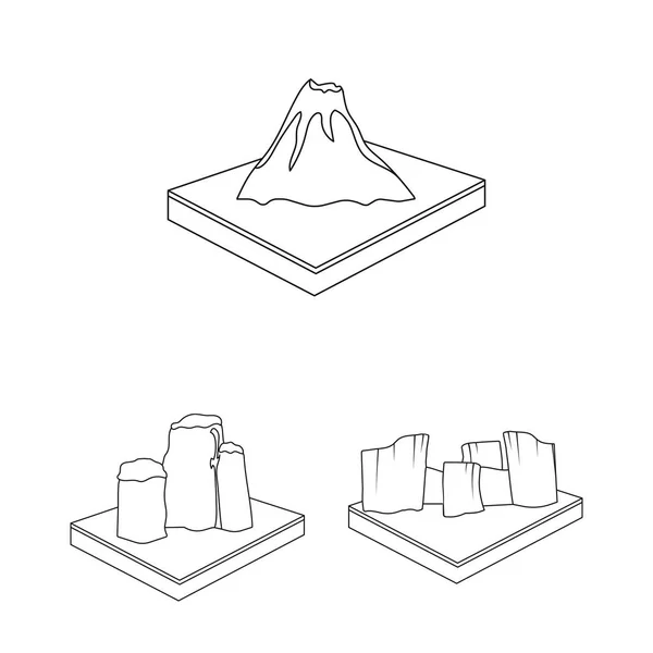 Berg, massiva disposition ikoner i set samling för design. Ytan av den jorden vektorillustration isometrisk symbol lager web. — Stock vektor