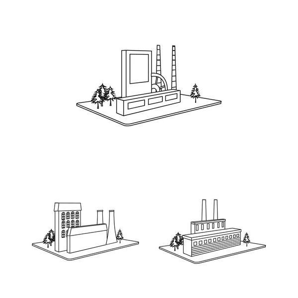 工厂和工厂轮廓图标集合中的设计。生产和企业向量等距符号库存 web 插图. — 图库矢量图片