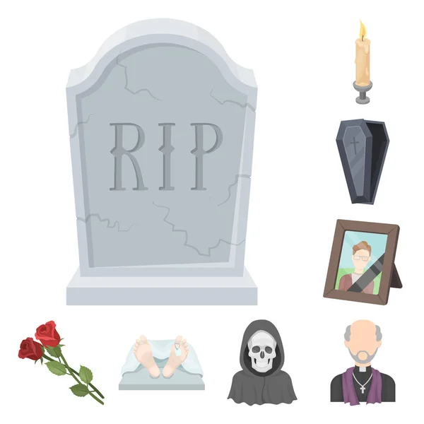 Ícones de desenhos animados de cerimônia funerária na coleção de conjuntos para design. Funerais e Atributos símbolo vetorial ilustração web . — Vetor de Stock