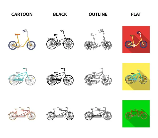 Kinderfahrrad, ein doppeltes Tandem und andere Typen. Verschiedene Fahrräder setzen Sammlungssymbole in Cartoon, Schwarz, Umriss, flachen Stil Vektor Symbol Stock Illustration Web. — Stockvektor