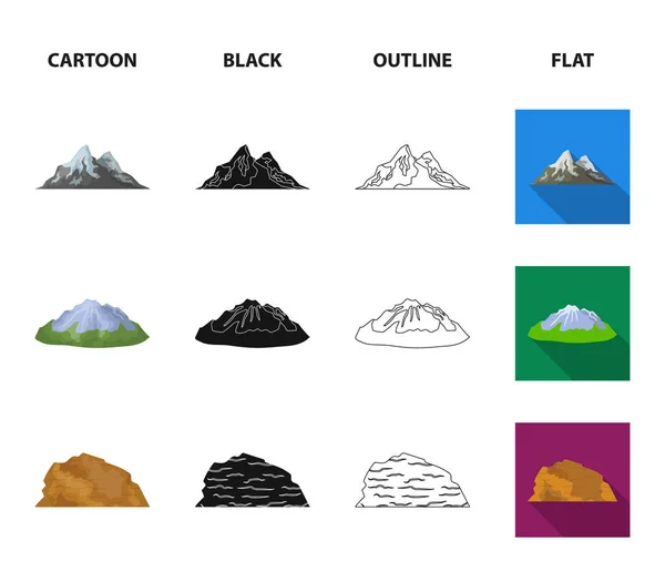 Berg i öknen, en snöig topp, en ö med en glaciär, en snöklädda berg. Olika bergen som samling ikoner i tecknad, svart, disposition, platt stil vektor symbol stock illustration — Stock vektor