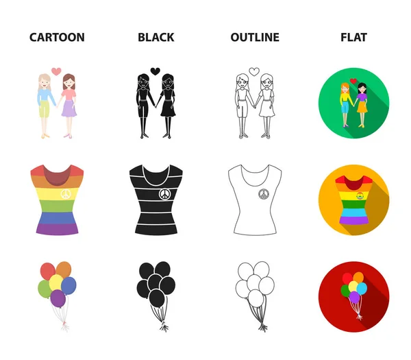 Lesbičky, oblečení, míče, gay průvodu. Gay kolekce ikon podle kreslené, černá, obrys, plochý vektor symbol akcií ilustrace web. — Stockový vektor