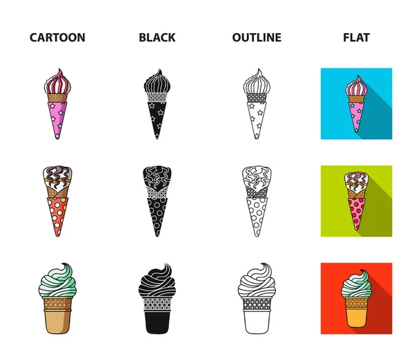 Helado en un palo, en un cono de gofre y otras especies. helado conjunto colección iconos en dibujos animados, negro, contorno, plano estilo vector símbolo stock ilustración web . — Vector de stock