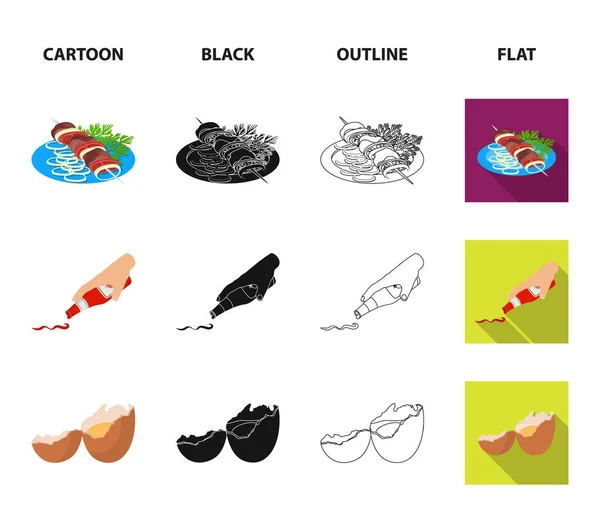 Kebab shish con verduras, ketchup y mostaza, condimento para la comida, huevo roto. Comida y cocina conjunto colección iconos en dibujos animados, negro, contorno, plano estilo vector símbolo stock ilustración web . — Archivo Imágenes Vectoriales