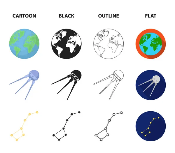 Πλανήτης γη με τις ηπείρους και τους ωκεανούς, που φέρουν το δορυφόρο, Ursa Major, Ufo. Χώρο συλλογής εικόνες που σε καρτούν, μαύρο, περίγραμμα, επίπεδη στυλ διάνυσμα σύμβολο μετοχής εικονογράφηση web. — Διανυσματικό Αρχείο