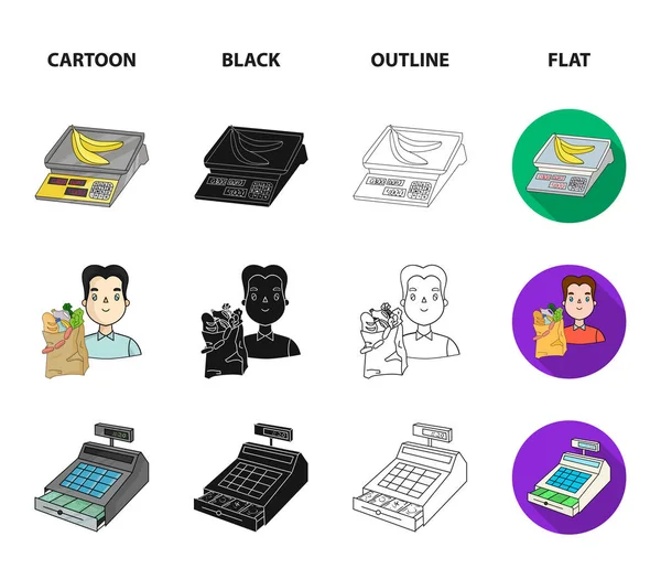 Pacote, escalas, banana, frutas. Ícones de coleção de conjunto de supermercado em desenhos animados, preto, contorno, estilo plano símbolo vetorial ilustração web . — Vetor de Stock